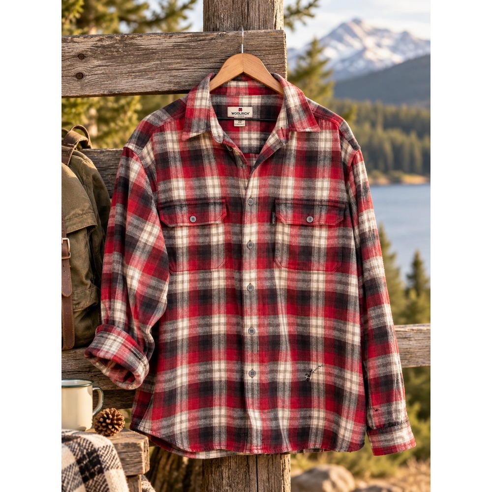 Woolrich Men's XL Red Plaid Flannel Shirt 100% Cotton Distressed Workwear